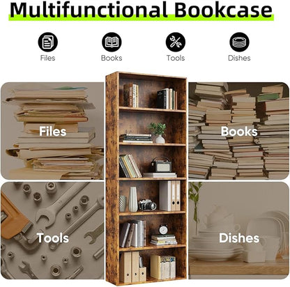 Bookshelf, 6 Tiers Wood Bookcase, 64 Inch Floor Standing Bookshelves, Open Storage Shelves for Books/Kits/Toys/CDs, Vintage Tall Shelf with Freestanding for Home Office Bedroom