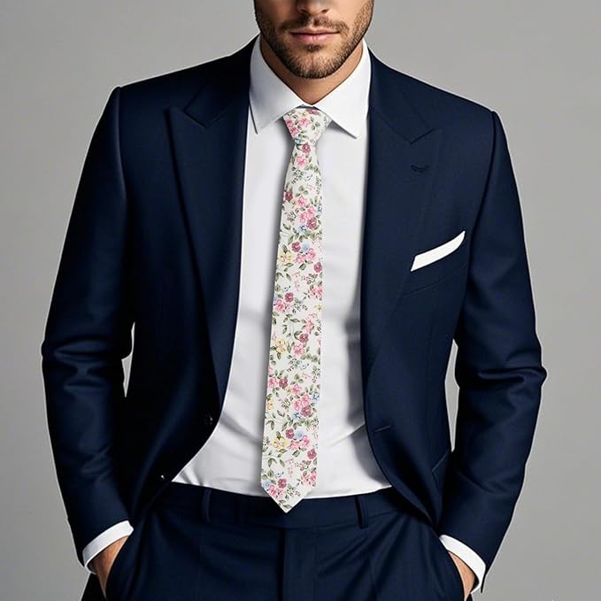 Cotton Floral Ties for Men 2.76" Men's Skinny Tie Linen Flower Printed Neck Tie for Wedding Dating Party