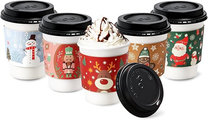 Fit Meal Prep 50 Pack 12 oz Christmas Disposable Coffee Cups with Lids, Sleeves, Leak-Proof To Go Coffee Cups with Lids, Durable Holiday Paper Cups for Hot Beverage, Home, Office, Party