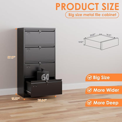 METAN Upgrade Metal 4 Drawer Lateral Files Cabinet for Home Office, Lockable Steel Wide File Storage Cabinet for Hanging Legal/Letter A4 Size, Assembly Required,Black
