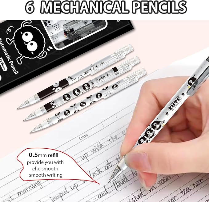 6Pcs Black Cute Mechanical Pencils with Eraser 0.5mm Kawaii Cartoon Mechanical Pencil School Pencil Gifts for Women Man