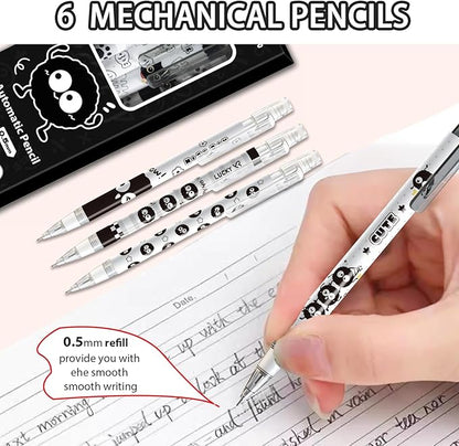 6Pcs Black Cute Mechanical Pencils with Eraser 0.5mm Kawaii Cartoon Mechanical Pencil School Pencil Gifts for Women Man