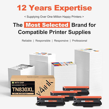 v4ink TN830XL Toner Cartridge Ink for Brother HL-L2460DW Printer Replacement for TN830 XL TN830 TN-830XL Toner Set for DCP-L2640DW HL-L2405W HL-L2400D MFC-L2820DW HL-L2480DW Printer, 4PK High Yi