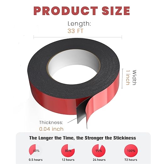 SWRT Double Sided Tape, 33FT x 1 Inch x 0.04 Inch Thick Heavy Duty Mounting Foam Tape, Waterproof Adhesive Tape for Car, LED Strip Light, Home Office Automotive Decor