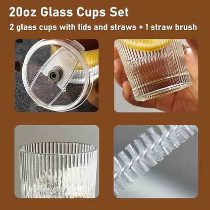 20oz Ribbed Glass Cups with Lids and Straws - 2PCS Glassware Set, Tumbler with Straw and Lid Iced Coffee Cups for Juice, Bubble Tea, Cold Brew, Soda