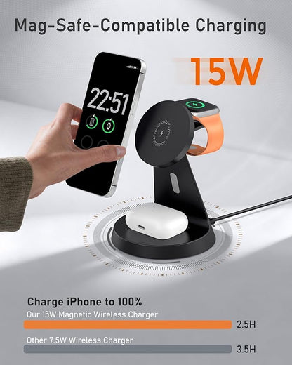 Wireless Charger 3 in 1 Charging Station for iPhone: Magnetic Docking Station for iPhone 17/16/15/14/13/12 - Multi Charging Dock for Apple Watch & Airpods 4 3 2 Pro (Adapter Included) (Black)