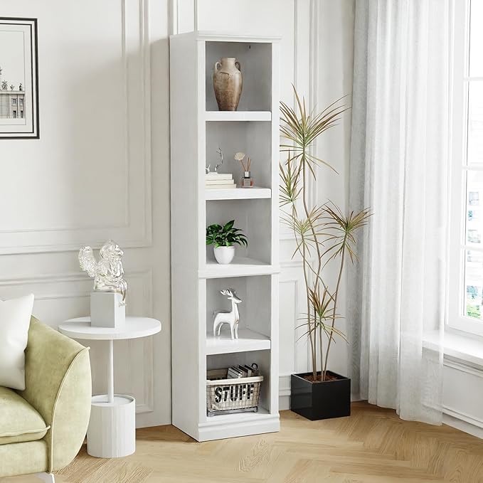 blini 5-Shelf Narrow Bookcase White Wooden Bookshelves Floor Standing Display Storage Shelves Bookcase for Home Office, Living Room, Bed Room