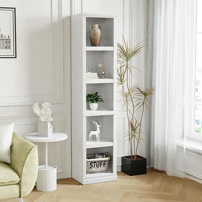 blini 5-Shelf Narrow Bookcase White Wooden Bookshelves Floor Standing Display Storage Shelves Bookcase for Home Office, Living Room, Bed Room