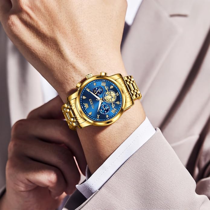 OLEVS Men Watches Stainless Steel Chronograph Watch, Large Wrist Analog Quartz Watch, Fashion Waterproof Diamond Roman Numerals Dress Watches for Men, Gold/Black/White/Blue/Grey Dial