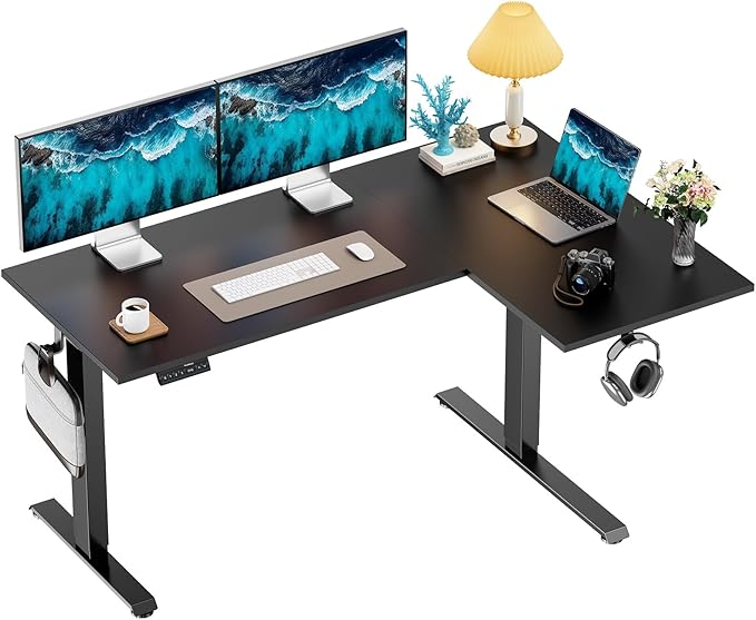HUANUO 63" x 40" L-Shaped Electric Standing Desk Dual Motor, Corner Electric Height Adjustable Computer Desk with Cable Tray & 3 Preset Heights, Raising Desk for Home Office, Black,