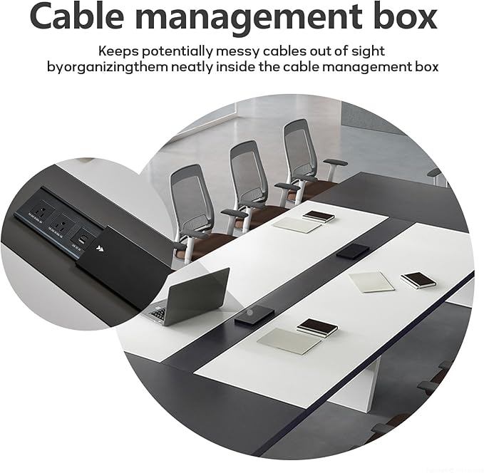 10FT Conference Table, Large Rectangular Seminar Meeting Table, Modern Conference Room Table with Cable Management & 2" Thickened DeskTop for Office Meeting (White + Grey, 118"L * 51"W * 30"H)
