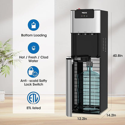 VECYS Bottom Loading 3 5 Gallon Self-Clean Water Dispenser, Hot Cold Room Temper Water Cooler with Child Safety Lock, 304 Stainless Steel Reservoirs and Water Intake Tube