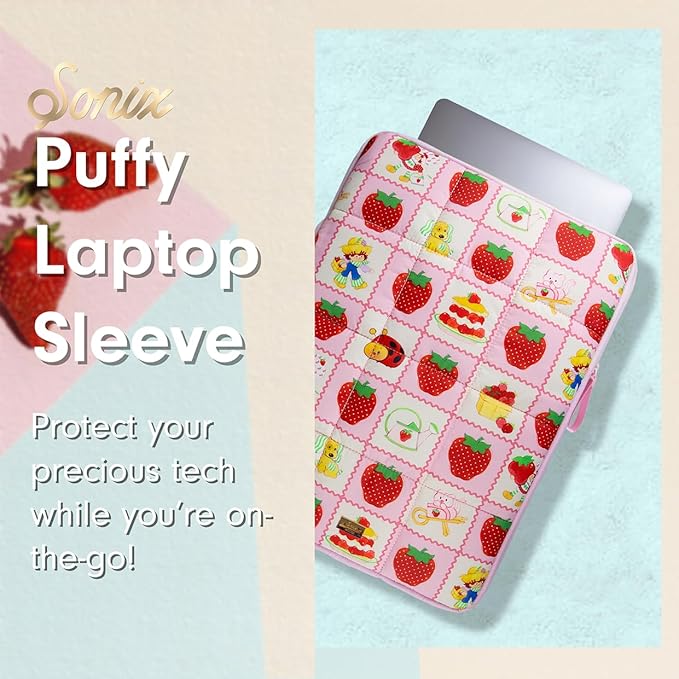 Sonix | Puffy Laptop Sleeve | 15-16 Inch, Quilted Pillow Puffer Laptop Carrying Case, Computer Sleeve | Strawberry Shortcake Checkered