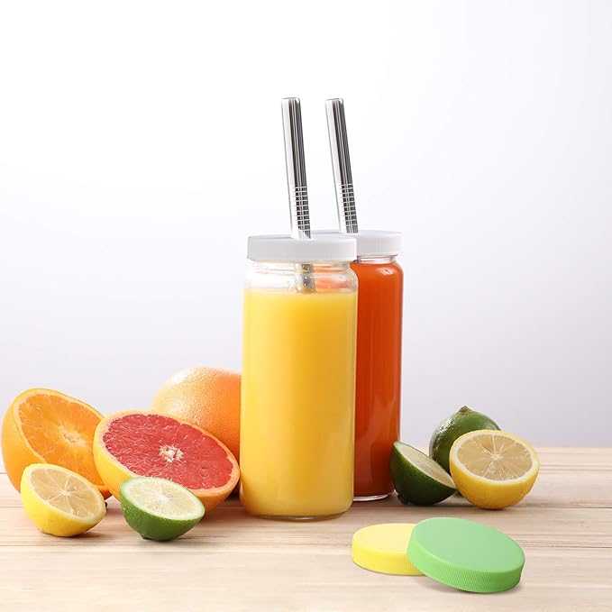8 Pack Glass Juicing Bottle Drinking Jars with 2 Straws & 2 Lids w Hole- 16 OZ Travel Water Cups with Colored Airtight Lids, Reusable Tall Mason Jar for Juice, Bubble Tea, Smoothie, Tea, Kombucha