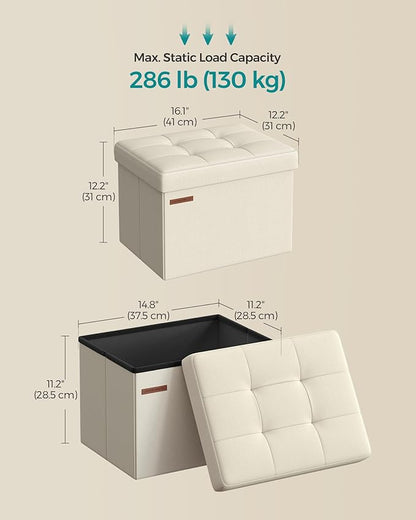 SONGMICS Mazie Collection - Small Folding Storage Ottoman, Foot Rest Stool, 12.2 x 16.1 x 12.2 Inches, 286 lb Load Capacity, for Living Room, Bedroom, Home Office, Dorm, Cream White ULSF102W01