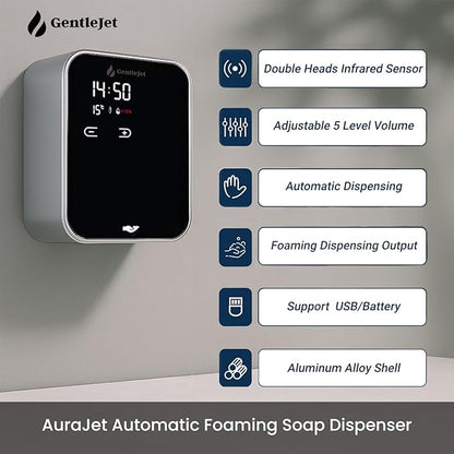 AuraJet Automatic Foaming Soap Dispenser, LED Display, Aluminum Alloy Body, 5 Foam Levels Adjustable, USB-C or Battery Powered, 16.2 oz Automatic Soap Dispenser Touchless Wall Mount