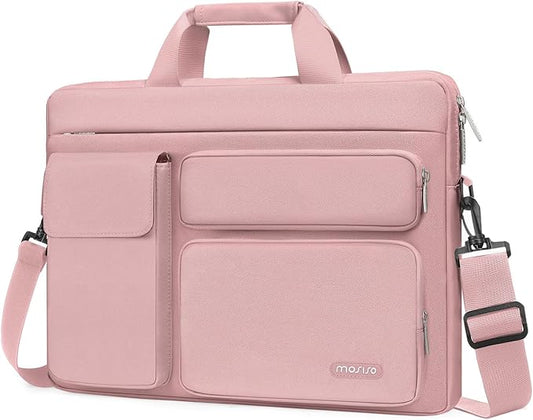 MOSISO Laptop Shoulder Bag 15.6 inch, 15-15.6 inch Computer Bag Compatible with MacBook Pro 16 inch, HP, Dell, Lenovo, Notebook with 2 Raised&1 Flapover&1 Horizontal Pocket&Handle&Belt, Pink