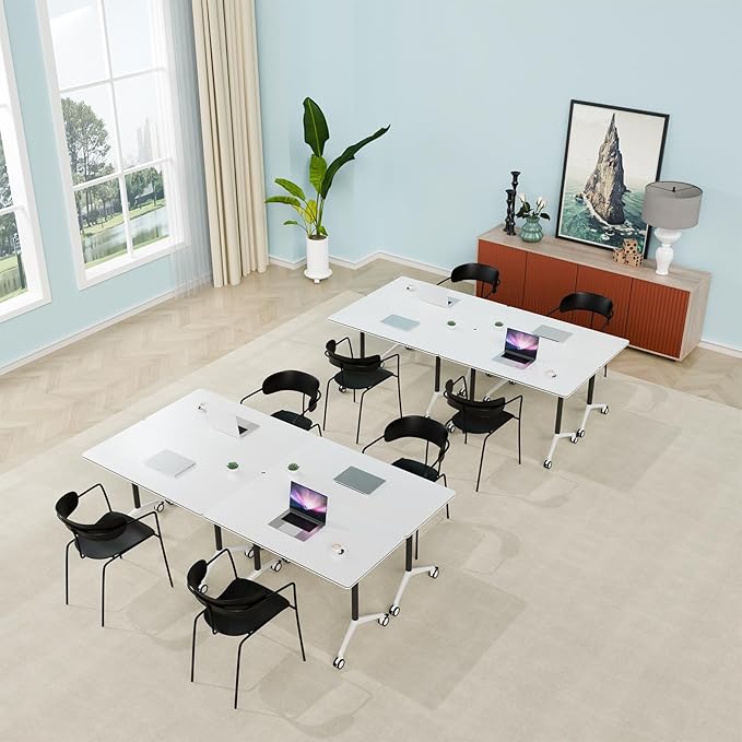 Conference Room Table, Folding Conference Table with Silent Wheels, Modular Flip Top Mobile Training Tables for Office, Training Room, Meeting Rooms, School, 2-16 Person (6, White, 70.8in)