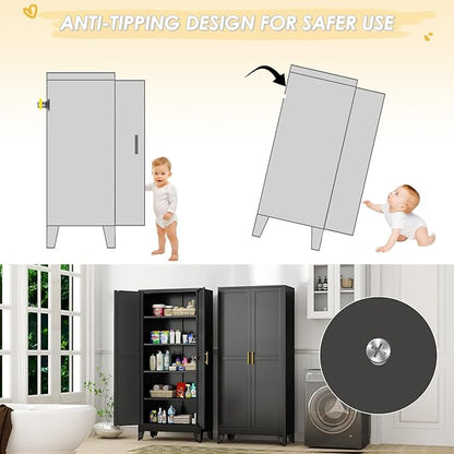 71" Tall Metal Storage Cabinet with 2 Doors and 4 Adjustable Shelves, Kitchen Pantry Cabinet Black Freestanding Cupboard, 5 Tier Multifunctional Steel Storage for Office, Kitchen, Dining Room