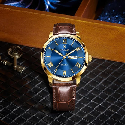 Mens Watches Luxury Dress Waterproof Leather Watch with Date Day Analog Quartz Large Number Wrist Watch Casual Classic Luminous Scales Big Face Easy Read Reloj para Hombre