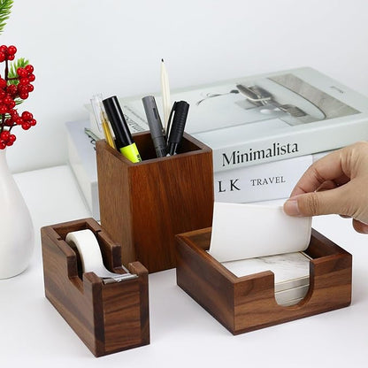 Natural Organizer Set of 3, Wooden Walnut Sticky Notes Holder Tape Dispenser Cutter and Pen Pencil Cup Holder for Women Office Home School