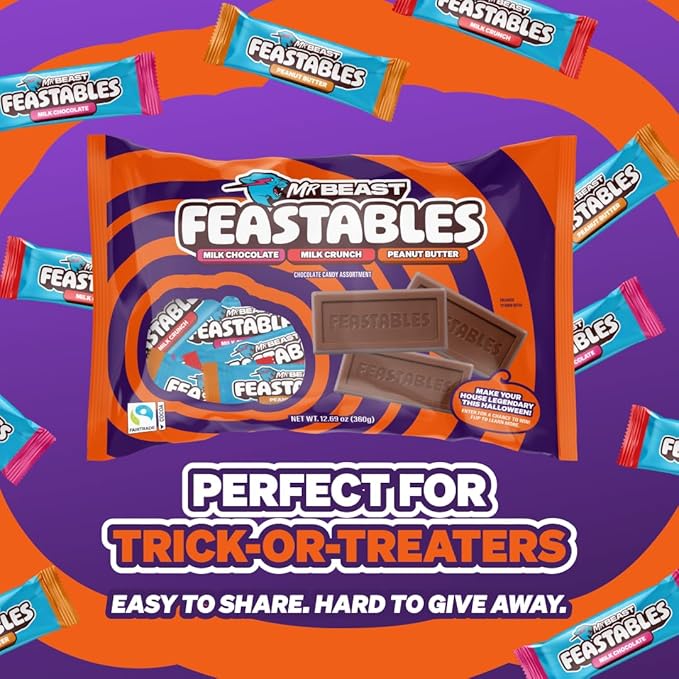 Feastables Mrbeast Halloween Candy Variety Pack With Milk Chocolate, Peanut Butter, & Milk Crunch Mini Bars, Trick or Treat Chocolate Bar Snacks or Party Favors, Fairtrade Cocoa, 12.69 Oz Bags, 4 Pack
