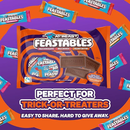 Feastables Mrbeast Halloween Candy Variety Pack With Milk Chocolate, Peanut Butter, & Milk Crunch Mini Bars, Trick or Treat Chocolate Bar Snacks or Party Favors, Fairtrade Cocoa, 12.69 Oz Bags, 4 Pack