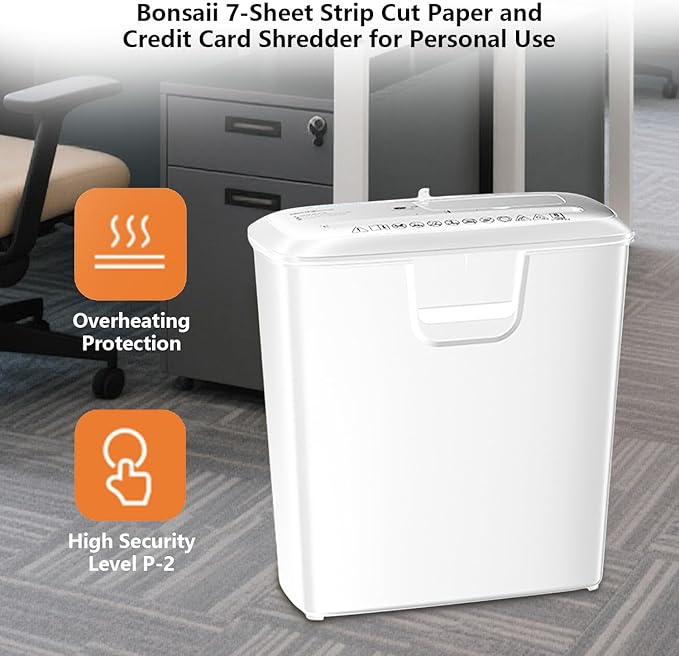Bonsaii High-Performance 7-Sheet Strip-Cut Shredder, Low Noise, CD & Credit Card Compatible, with 3.4-Gallon Bin and Thermal Protection, White