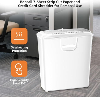 Bonsaii High-Performance 7-Sheet Strip-Cut Shredder, Low Noise, CD & Credit Card Compatible, with 3.4-Gallon Bin and Thermal Protection, White