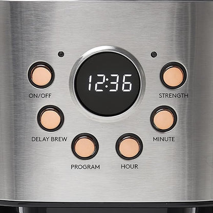 HADEN Heritage 12 Cup Programmable Retro Coffee Maker Machine Bundled with 2 Slice Wide Slot Toaster with Removable Crumb Tray, Steel/Copper