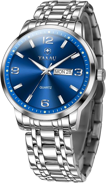 Stainless Steel Mens Watches with Day Date Quartz Analog Large Face Classic Watch Arabic Numerals Dress Luminous Rlojes para Hombres