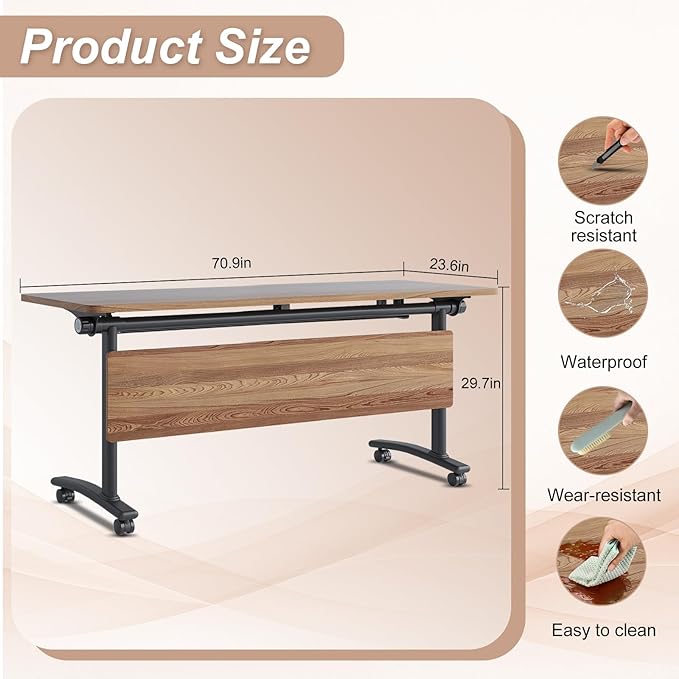 Folding Conference Table,Conference Table with Wheels,Large Flip-Top Training Table,Freely Combinations,Easy to Move for Offices, Schools,Training Rooms（4,Yellow,71in