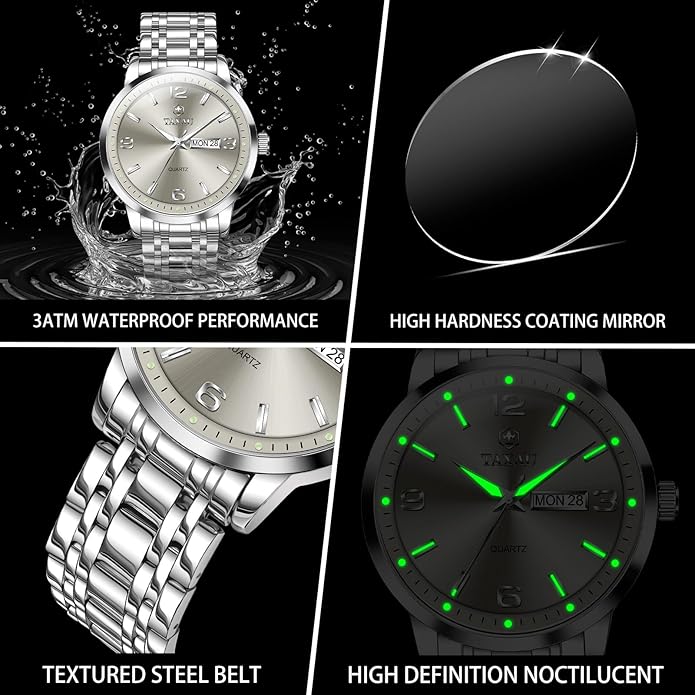 Stainless Steel Mens Watches with Day Date Quartz Analog Large Face Classic Watch Arabic Numerals Dress Luminous Rlojes para Hombres