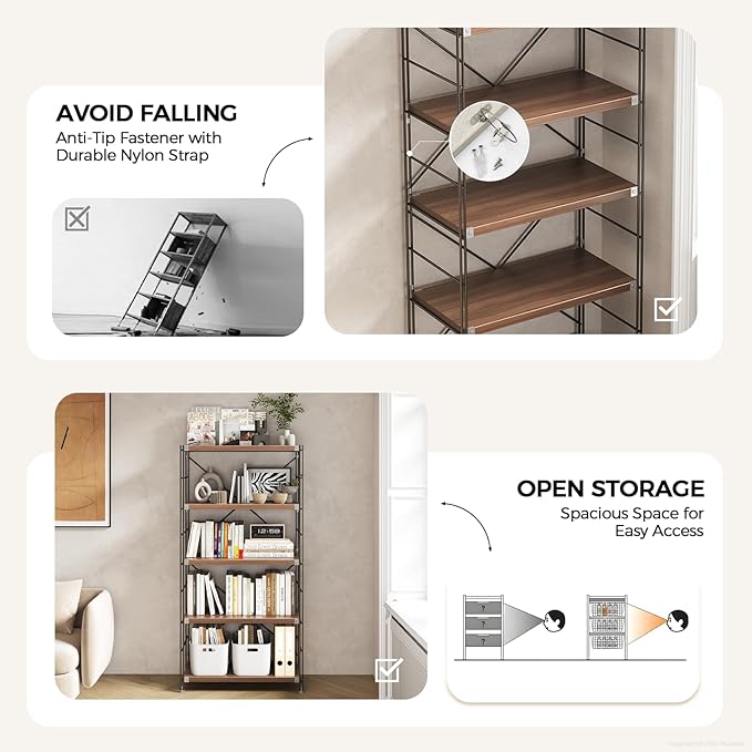 5-Tier Industrial Bookshelf, Modern Metal & Wood Bookcase, Sturdy Storage Rack for Office, Living Room, Bedroom & Study, Open Shelves for Books, Decor & More