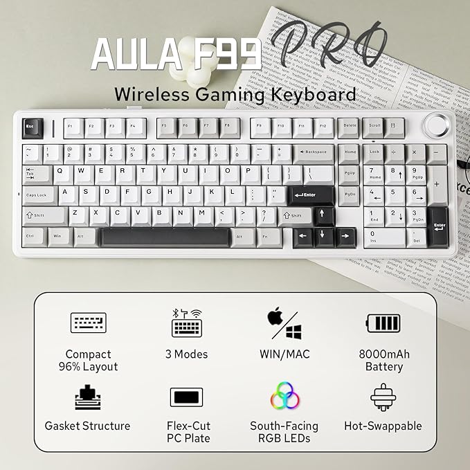 MechLands Aula F99 PRO 96% Mechanical Gaming Keyboard, BT5.0/USB-C/2.4GHz Wireless, Hot Swappable Gasket Custom Keyboard with 8000mAH Battery, Rotary Knob, RGB Backlit for Win/Mac (White Grey)