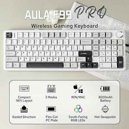 MechLands Aula F99 PRO 96% Mechanical Gaming Keyboard, BT5.0/USB-C/2.4GHz Wireless, Hot Swappable Gasket Custom Keyboard with 8000mAH Battery, Rotary Knob, RGB Backlit for Win/Mac (White Grey)