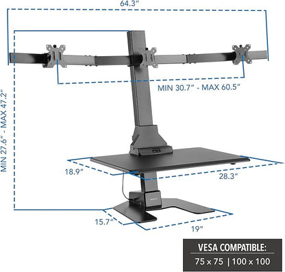 Mount-It! Triple Monitor Electric Standing Desk Converter - 3 Screens Stand Up Desk Riser - Height Adjustable Desktop & 3 Mounts for Screens up to 32", Sit-Stand Convertor for Home, Office, School