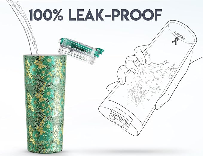 Meoky 24 oz Travel Coffee Mug with Leak-proof Lid, Stainless Steel Insulated Coffee Tumbler, Keeps Hot for 8 Hours or Cold for 24 Hours, Fits in Car Cup Holder (Emerald Bloom)