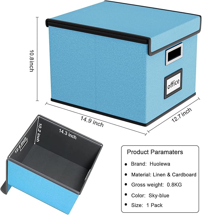 Huolewa Portable File Organizer Box Office Document Storage with Lid, Linen Hanging Filing Storage Boxes, Decorative Home/Office Filing System for File and Folders Storage (Sky-blue)