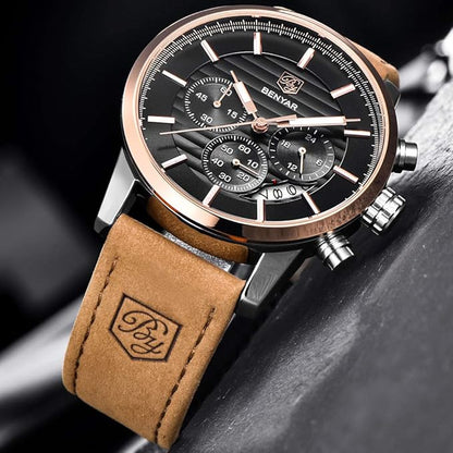 BENYAR Quartz Chronograph Waterproof Watches Business and Sport Design Leather Band Strap Wrist Watch for Men