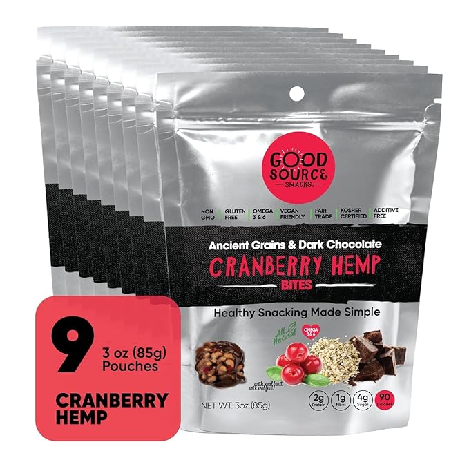 Good Source Snacks Dark Chocolate Bites & Ancient Grains, Cranberry Hemp, 9 Pack, 3 oz, Vegan, Gluten Free, Non GMO, Kosher Protein Bites