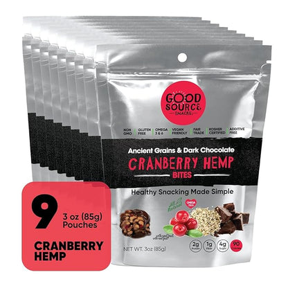 Good Source Snacks Dark Chocolate Bites & Ancient Grains, Cranberry Hemp, 9 Pack, 3 oz, Vegan, Gluten Free, Non GMO, Kosher Protein Bites