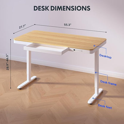 FLEXISPOT 55" Electric Standing Desk with Drawers, Quick Assembly Home Office Sit Stand Desk with Storage, USB Charging, Computer Desk for Home Office (Maple Top + White Adjustable Frame, Comhar)
