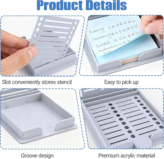 Sticky Note Stencil and Holder, 3x3 Inch Stick List Organizer, Post It Dispenser for Room and Office Desk Organizer, with Five Different Stencil (Grey)