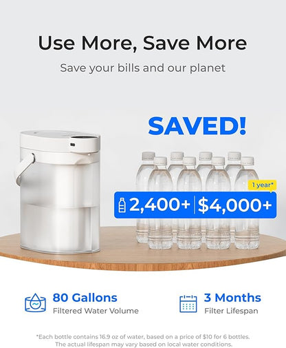 Waterdrop Rechargeable Water Filter Dispenser, 5-Stage Long-Life Instant Electric Powerful Pitcher, Reduce 70+ Contaminants, Soften Water, 15-Cup Countertop Water Filtration System, NOT Reduce TDS