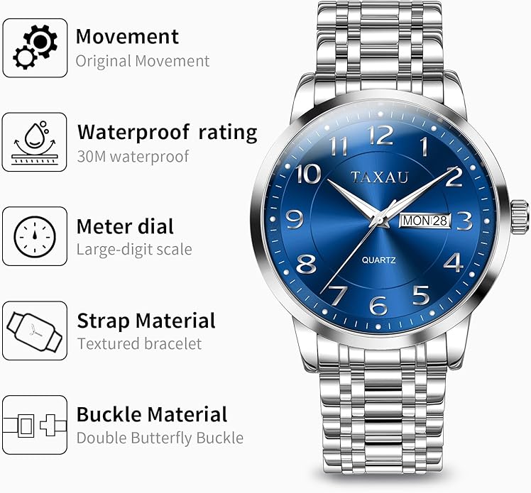 Stainless Steel Mens Watches with Day Date Quartz Analog Large Face Classic Watch Arabic Numerals Dress Luminous Rlojes para Hombres