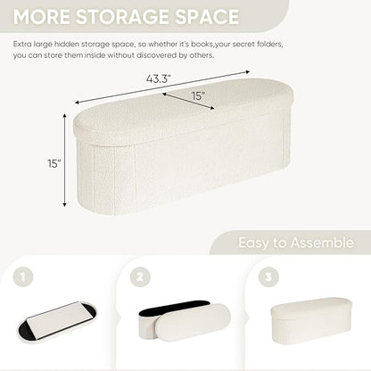 B FSOBEIIALEO Ottoman with Storage for Living Room, Sherpa Folding Storage Ottoman Foot Rest, 43.3 Inches Collapsible Bedroom Bench White