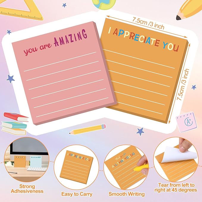 Yinder 24 Pcs Inspirational Sticky Notes Christmas Stocking Stuffers Motivational Sticky Notes Pad Employee Appreciation Gift Bulk for Teacher Nurse Coworker Office 3 x 3'' (Appreciation,Macaroon)
