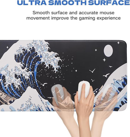 Large Japanese Sea Wave Mouse Pad, Anime Waterproof Desk Mat,Extended Non-Slip Keyboard Mouse Pads Office Desk Pad 23.6" x 11.8" Anime Mouse Pad Desktop Protector for Office and Home