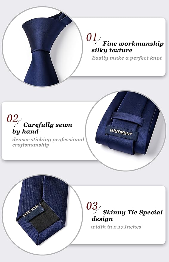 HISDERN Mens Solid Color Ties Formal Satin Necktie and Pocket Square Set Classic Wedding Business Tie & Handkerchief
